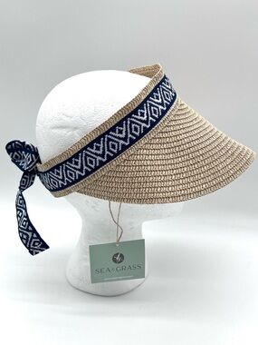 Sea & Grass Straw Visor Hat Blue Tie Adjustable Paper Straw NWT